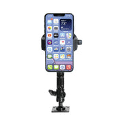 The RoadVise® Ultra Aluminum Drill Base Mount Phone Holder with Adjustable Arm securely holds a smartphone upright, displaying app icons. Its robust build provides stable support, perfect for vehicles or desks.