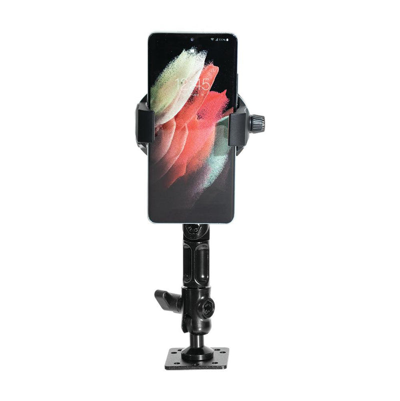 The RoadVise® Ultra Aluminum Drill Base Mount Phone Holder features an adjustable arm and sturdy clamp, designed for secure, upright smartphone attachment to flat surfaces.