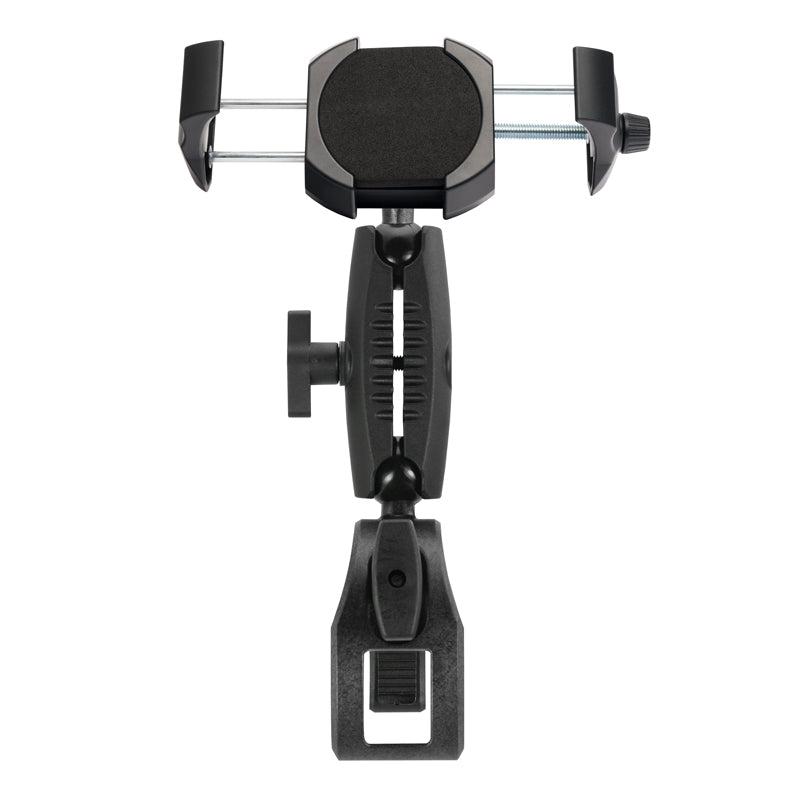 The RoadVise® Ultra Phone and Tablet Holder features adjustable clamps, tightening knobs, and a secure base for mounting to various surfaces. This clamp mount with security knob is shown against a white background.