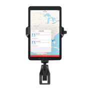 The RoadVise® Ultra Phone and Tablet Holder with Clamp Mount and Security Knob secures a tablet on a stand, displaying an eastern US map with two marked locations plus a menu featuring contacts and route options.
