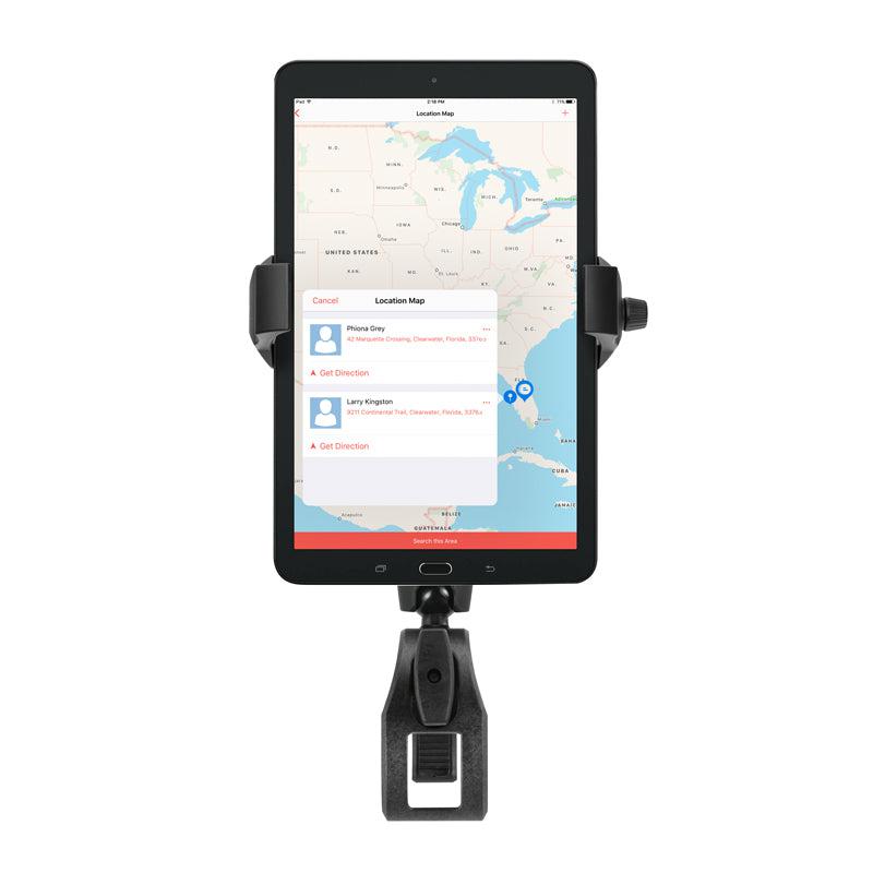 The RoadVise® Ultra Phone and Tablet Holder with Clamp Mount and Security Knob secures a tablet on a stand, displaying an eastern US map with two marked locations plus a menu featuring contacts and route options.