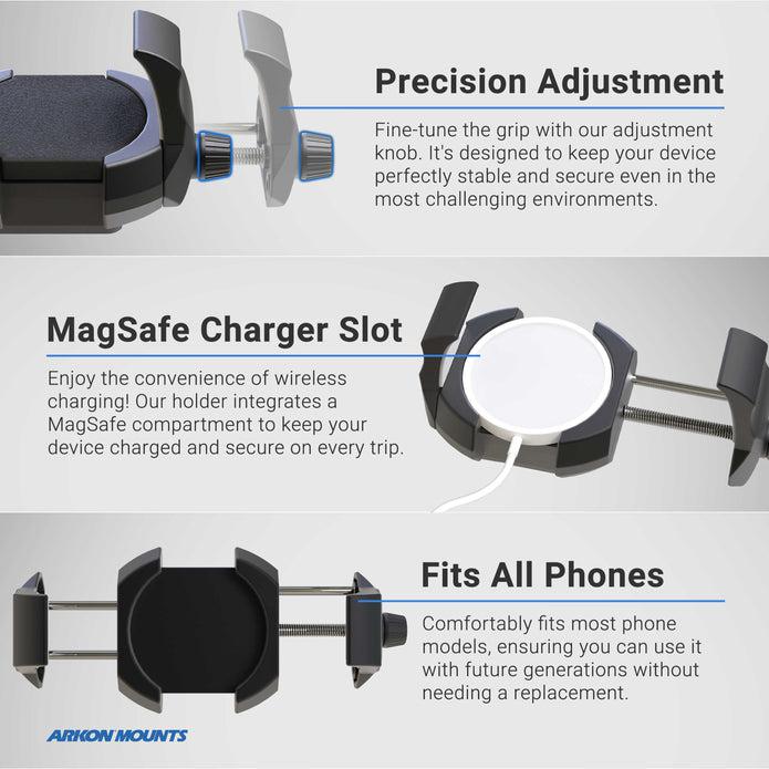 Infographic of the RoadVise® Ultra Metal 4-Hole AMPS Drill-Base Mount featuring a precision adjustment knob, MagSafe Charger compatible slot, and adjustable arms. Text highlights: precise adjustment, MagSafe slot, fits most phones.