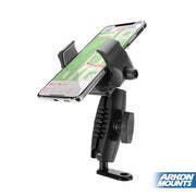 A smartphone with map navigation is secured on the RoadVise® Ultra Motorcycle Handlebar Mirror Pinch Bolt Stem Phone and Tablet Mount. The black adjustable holder features the Arkon Mounts logo at the bottom right.