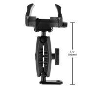 The RoadVise® Ultra Motorcycle Handlebar Mirror Pinch Bolt Stem Phone and Tablet Mount features a black adjustable bracket with top clamp and side knob, shown vertically. Height: 5.75 inches (146mm). Ideal for securing phones or tablets on handlebars.