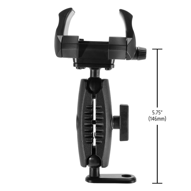 The RoadVise® Ultra Motorcycle Handlebar Mirror Pinch Bolt Stem Phone and Tablet Mount features a black adjustable bracket with top clamp and side knob, shown vertically. Height: 5.75 inches (146mm). Ideal for securing phones or tablets on handlebars.