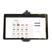 A tablet held by the RoadVise® Ultra Phone and Tablet Holder shows an online store webpage featuring product listings and a search filter on the right side of the screen.