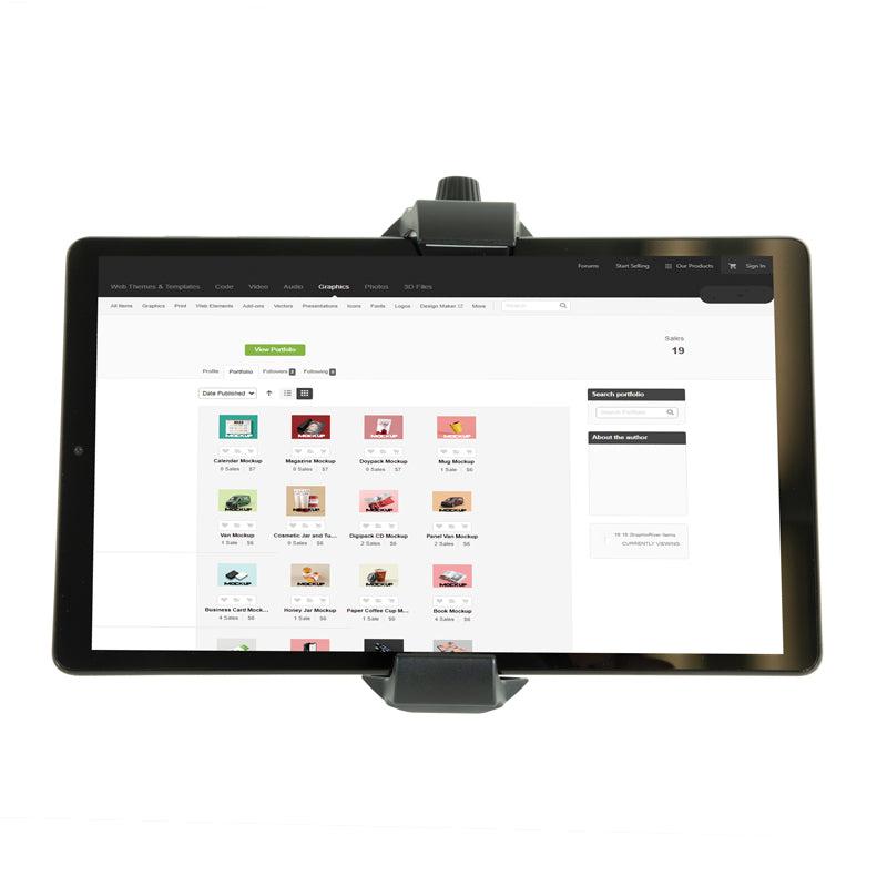 A tablet held by the RoadVise® Ultra Phone and Tablet Holder shows an online store webpage featuring product listings and a search filter on the right side of the screen.
