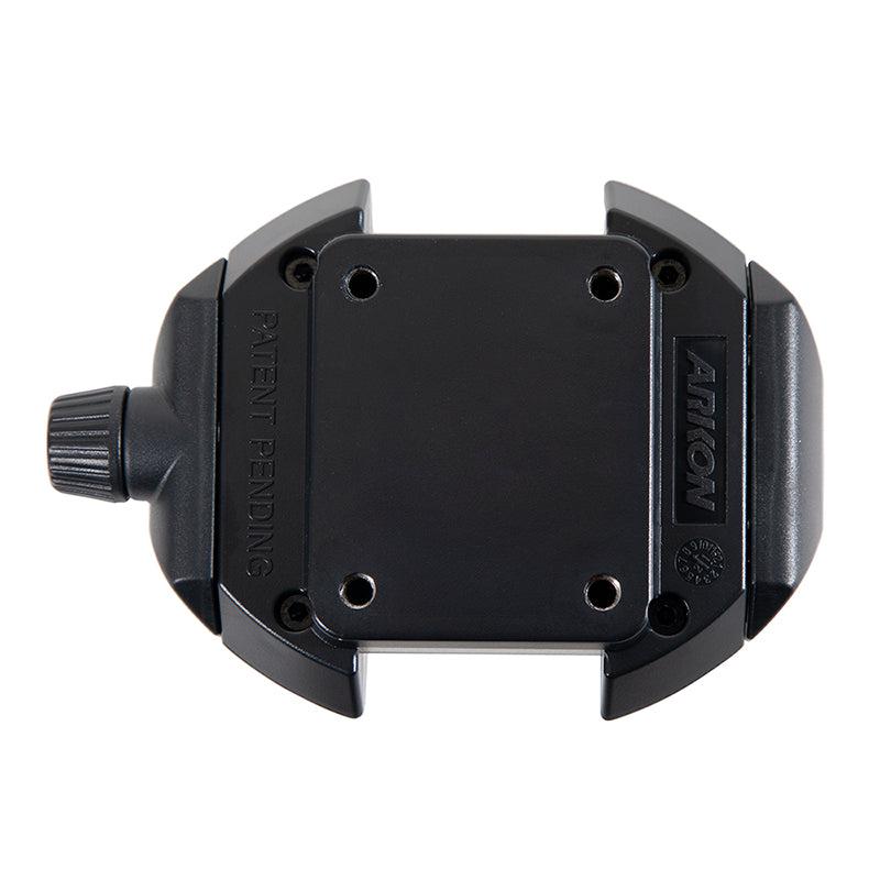 The RoadVise® Ultra Phone and Tablet Holder is a black, rectangular AMPS mount with four screw holes, a side adjustment knob, and “PATENT PENDING” and “ARCA” engraved on its surface.