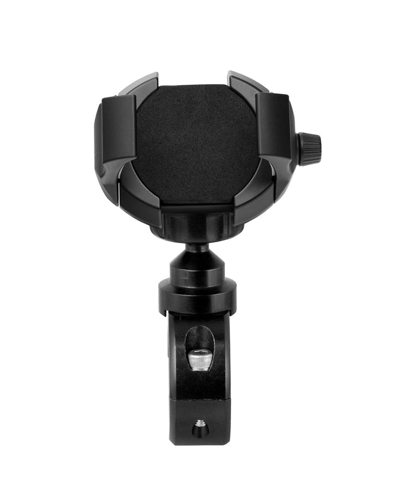 The RoadVise® Ultra Holder with Aluminum Handlebar Mount features an adjustable black clamp and cushioned grips to securely hold your phone—ideal as a motorcycle phone mount for safe, hands-free use on the road.