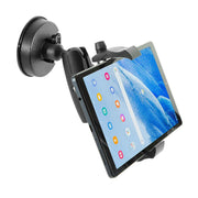 A tablet on a RoadVise® Ultra Sticky Suction Phone or Tablet Mount, displaying its home screen. This black adjustable holder securely attaches to smooth surfaces, offering a sturdy and reliable mounting solution.