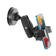 The RoadVise® Ultra Sticky Suction Phone or Tablet Mount, designed for cars, securely holds a blue smartphone on the lock screen with adjustable arms, perfect as a black windshield phone holder.
