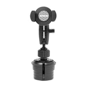 The RoadVise® XL Cup Holder Phone and Midsize Tablet Mount for iPhone, Galaxy, and Note is a black cup holder mount with adjustable arms, a round base, geometric pattern, and ARKON branding for hands-free GPS use in vehicles.