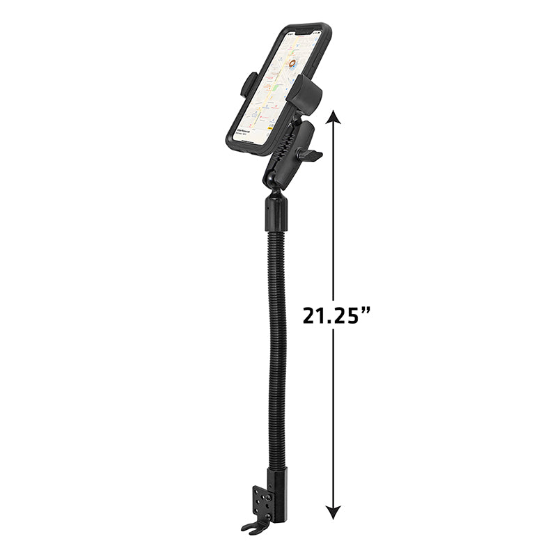 The RoadVise® XL Heavy-Duty Seat Rail or Floor Tablet or Phone Mount is a 21.25-inch black, adjustable gooseneck holder with clamp base—ideal for securely mounting your device in your car, whether it’s a phone displaying a map or a tablet.