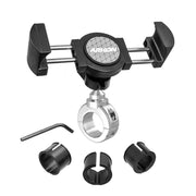 The RoadVise® XL Motorcycle Midsize Tablet and Phone Mount - Chrome Aluminum features adjustable black and silver arms, a central circular logo, clamp, Allen wrench, and four adapters—ideal for holding large phones or midsize tablets.