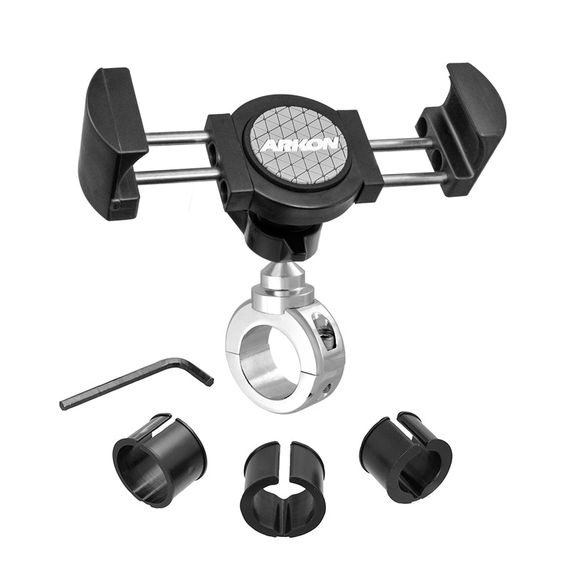 The RoadVise® XL Motorcycle Midsize Tablet and Phone Mount - Chrome Aluminum features adjustable black and silver arms, a central circular logo, clamp, Allen wrench, and four adapters—ideal for holding large phones or midsize tablets.