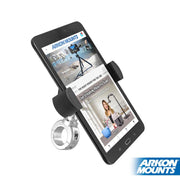 A smartphone is held in a chrome aluminum RoadVise® XL Motorcycle Midsize Tablet and Phone Mount, displaying a website, with the Arkon Mounts logo in the bottom right corner.