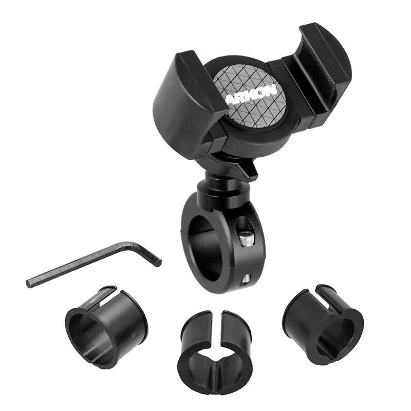 The RoadVise® XL Motorcycle Phone Mount - Black Aluminum is shown on a white background, featuring adjustable clamps, three circular adapters in different sizes, and an L-shaped hex key tool.