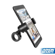 The black RoadVise® XL Motorcycle Phone Mount securely grips a smartphone on a handlebar. Its sturdy aluminum design attaches to round bars, making it an ideal bike phone holder. Arkon Mounts logo appears in the bottom right corner.