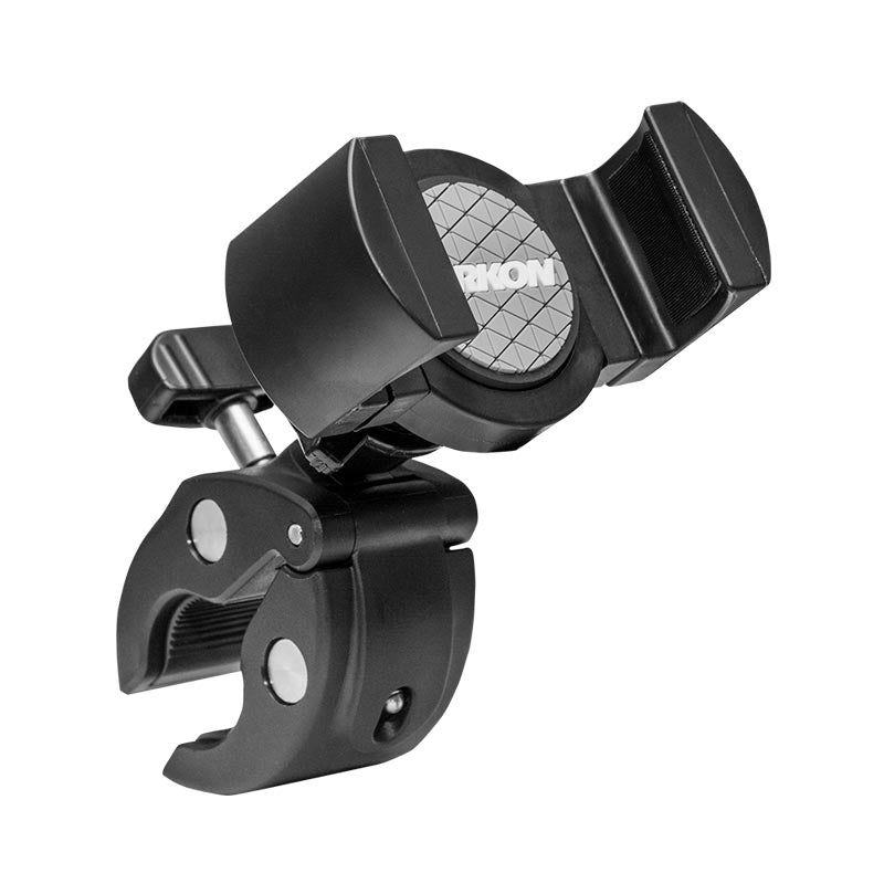 The RoadVise® XL Phone and Midsize Tablet Clamp Post Mount securely attaches smartphones and tablets like iPad, Note, or Tab to handlebars or mic stands. Features a black rotating holder with padded grips and ARKON on the textured central area.
