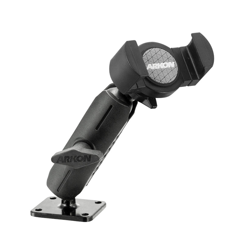 The RoadVise® XL Phone and Midsize Tablet Drill Base Mount is a black adjustable holder with a clamp, featuring a screwable 4-hole AMPS base for secure attachment and ARKON branding on the knob and clamp face.