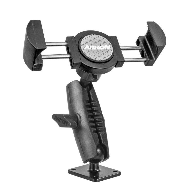The RoadVise® XL Phone and Midsize Tablet Drill Base Mount features a rotating base, two metal rods, side grips, and a 4-hole AMPS base for secure surface mounting—ideal for holding phones or GPS devices securely.