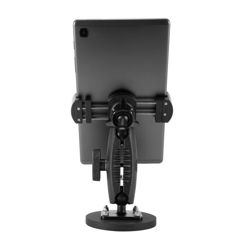 The RoadVise® XL Phone and Midsize Tablet Magnetic Mount is shown from the back, with a tablet secured in side clamps on a black adjustable stand featuring a round, heavy-duty magnetic base and central hinge for stable support.