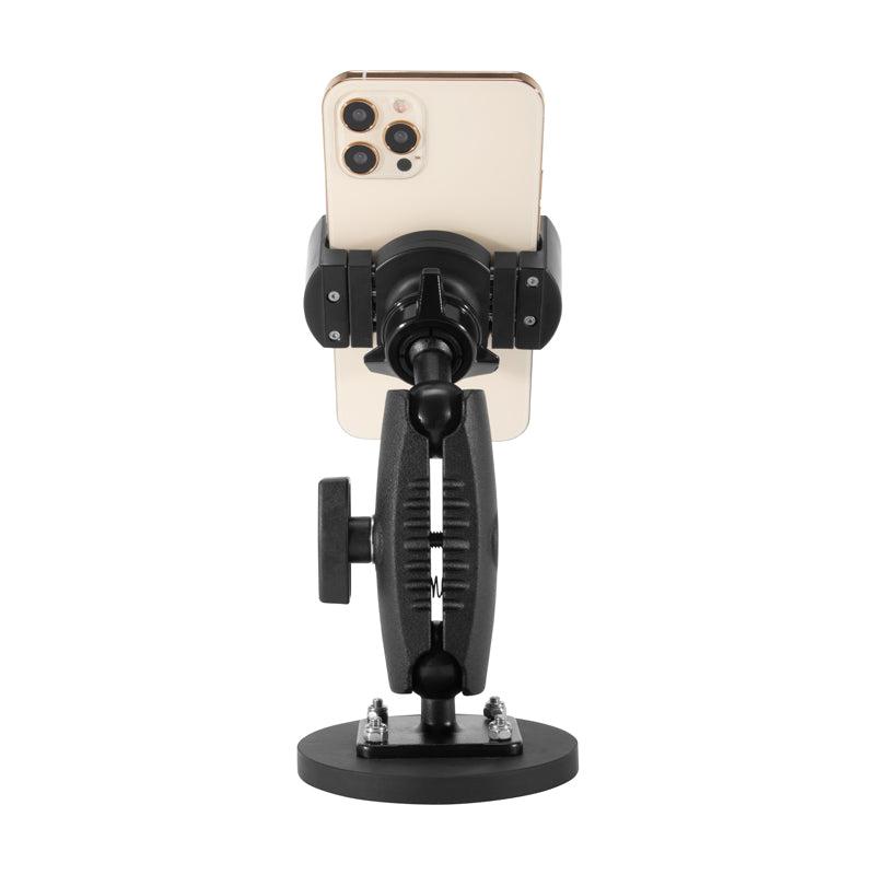 The RoadVise® XL Phone and Midsize Tablet Magnetic Mount holds a smartphone on a black adjustable holder with a heavy-duty magnetic base and clamp, shown from the back against a white background.