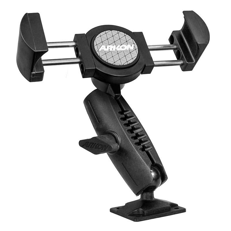 The RoadVise® XL Phone Holder with Drill Base Mount and Shaft is a black adjustable holder featuring a secure grip, rotating locking base, and easy installation on flat surfaces.