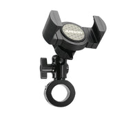 The RoadVise® XL Premium Aluminum Motorcycle Handlebar Mount securely holds phones and midsize tablets with its adjustable clamp base, flexible rotating joints, and features a circular Arkon logo, designed for handlebar attachment.