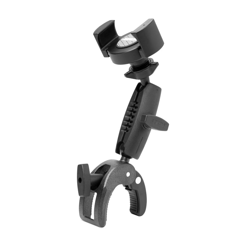 The RoadVise® XL Robust Clamp Mount with Phone Holder and Security Knob Shaft is a black, adjustable clamp mount with a rotating joint and padded grip, designed to securely hold devices as a universal phone holder. Isolated on white background.