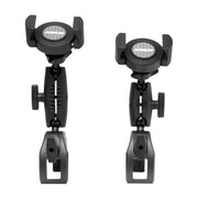 Two RoadVise® XL Robust Clamp Mounts with Phone Holders and Security Knob Shafts, shown side by side on a white background, designed to securely support phones, cameras, or lights.