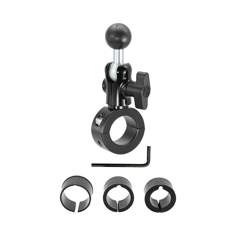 The Robust 25mm Aluminum Motorcycle Handlebar Mount in black features a 25mm ball mount, three rubber inserts of varying sizes, and a hex key tool, all shown against a white background.