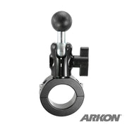 The Robust 25mm Aluminum Motorcycle Handlebar Mount from the Robust Mount Series features a black and silver ball joint, attachment knob, and circular clamp base. The ARKON logo appears in the bottom right corner on a white background.