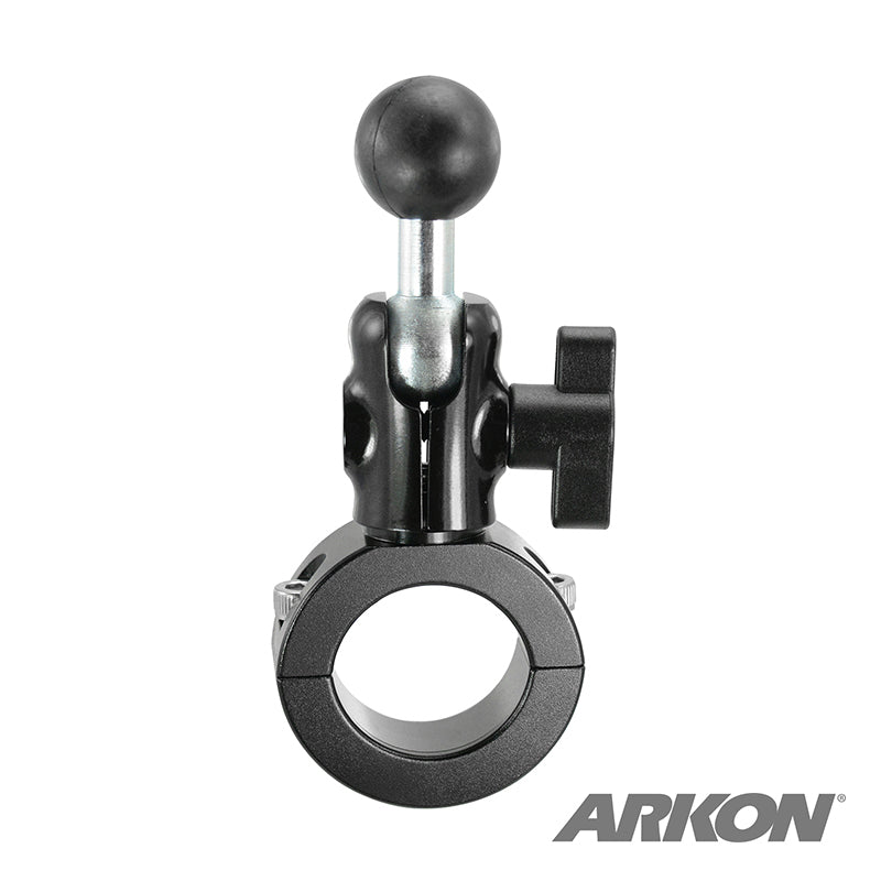 The Robust 25mm Aluminum Motorcycle Handlebar Mount from the Robust Mount Series features a black and silver ball joint, attachment knob, and circular clamp base. The ARKON logo appears in the bottom right corner on a white background.