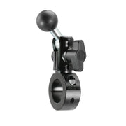 The Robust 25mm Aluminum Motorcycle Handlebar Mount features a black metal clamp from the Robust Mount Series with a circular base opening, an adjustable side knob, and a top lever for securing your motorcycle handlebar.