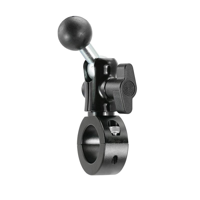 The Robust 25mm Aluminum Motorcycle Handlebar Mount features a black metal clamp from the Robust Mount Series with a circular base opening, an adjustable side knob, and a top lever for securing your motorcycle handlebar.