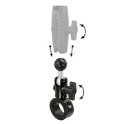 The Robust 25mm Aluminum Motorcycle Handlebar Mount is a black aluminum clamp with a 25mm ball and tightening knob for cylindrical bars, featuring arrows to indicate adjustable, rotatable connections for adding components.