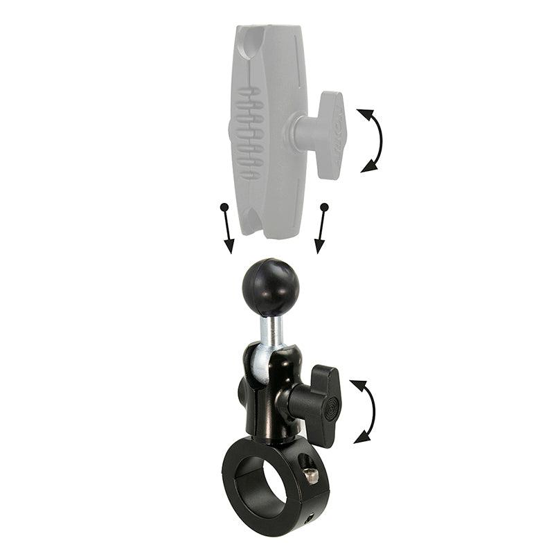 The Robust 25mm Aluminum Motorcycle Handlebar Mount is a black aluminum clamp with a 25mm ball and tightening knob for cylindrical bars, featuring arrows to indicate adjustable, rotatable connections for adding components.