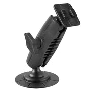 The Robust Car Dash or Flat Surface VHB Adhesive Mount is a black adjustable mount with a round base, central rotating arm, and two rectangular plates for securely attaching devices or accessories.