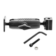 The Robust Car Headrest Mount with Metal 4-Hole AMPS Head and Security Hardware, shown in black with a hex key, screw, and nut on a white background, offers a secure AMPS-compatible mounting solution for your device.