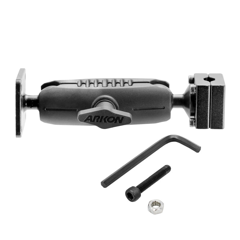 The Robust Car Headrest Mount with Metal 4-Hole AMPS Head and Security Hardware, shown in black with a hex key, screw, and nut on a white background, offers a secure AMPS-compatible mounting solution for your device.