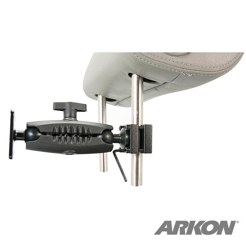 The Robust Car Headrest Mount with Metal 4-Hole AMPS Head and Security Hardware attaches to car headrest posts, securely holding devices for AMPS-compatible setups. The ARKON logo appears in the bottom right corner of the black mount.