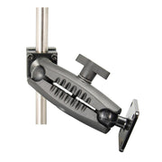 A close-up of the Robust Car Headrest Mount with a metal 4-hole AMPS head, adjustable arm, security hardware, and a tightening knob attached to a vertical pole.