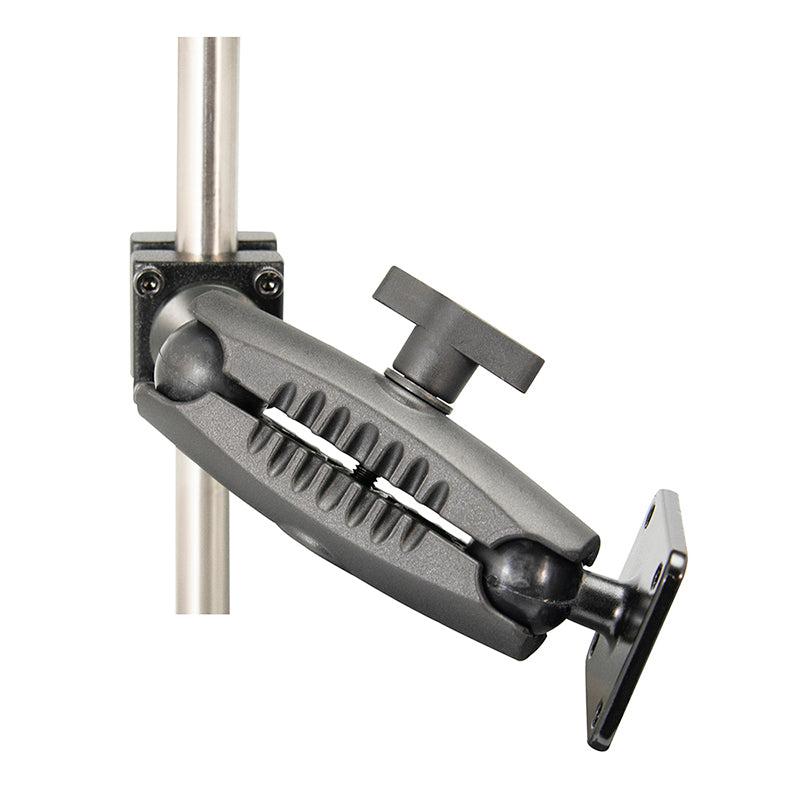 A close-up of the Robust Car Headrest Mount with a metal 4-hole AMPS head, adjustable arm, security hardware, and a tightening knob attached to a vertical pole.