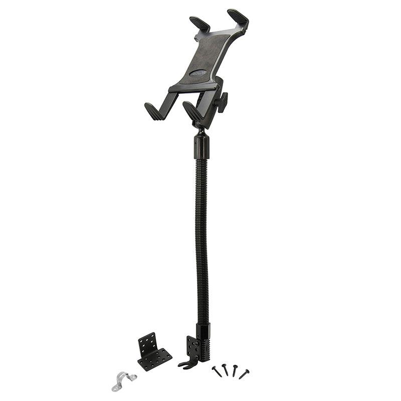 The Robust Car or Truck Seat Rail or Floor Slim-Grip® Tablet Mount for iPad, Note, and more is shown on a white background—ideal for hands-free tablet use with its flexible gooseneck arm, mounting bracket, and screws.