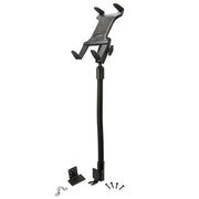 The Robust Car or Truck Seat Rail or Floor Slim-Grip® Tablet Mount for iPad, Note, and more features a long flexible gooseneck arm, mounting bracket, and screws—ideal as a universal black tablet holder for vehicles.