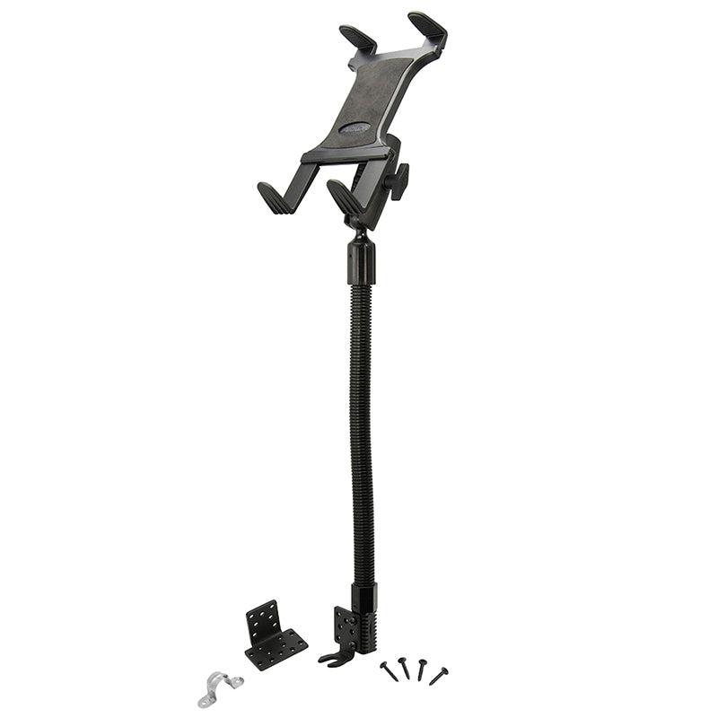 The Robust Car or Truck Seat Rail or Floor Slim-Grip® Tablet Mount for iPad, Note, and more features a long flexible gooseneck arm, mounting bracket, and screws—ideal as a universal black tablet holder for vehicles.