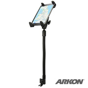 The Robust Car or Truck Seat Rail or Floor Slim-Grip® Tablet Mount for iPad, Note, and more holds a tablet showing a map. A flexible gooseneck and mounting bracket provide positioning, with the Arkon logo in the bottom right corner.