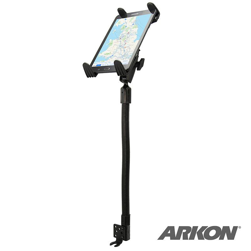 The Robust Car or Truck Seat Rail or Floor Slim-Grip® Tablet Mount for iPad, Note, and more holds a tablet showing a map. A flexible gooseneck and mounting bracket provide positioning, with the Arkon logo in the bottom right corner.