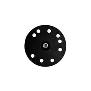 A Robust Circular Metal 38mm (1.5 inch) Ball to 1/4-20 Camera Bolt Adapter, black with a central hole and eight edge holes, is shown from above on a white background.